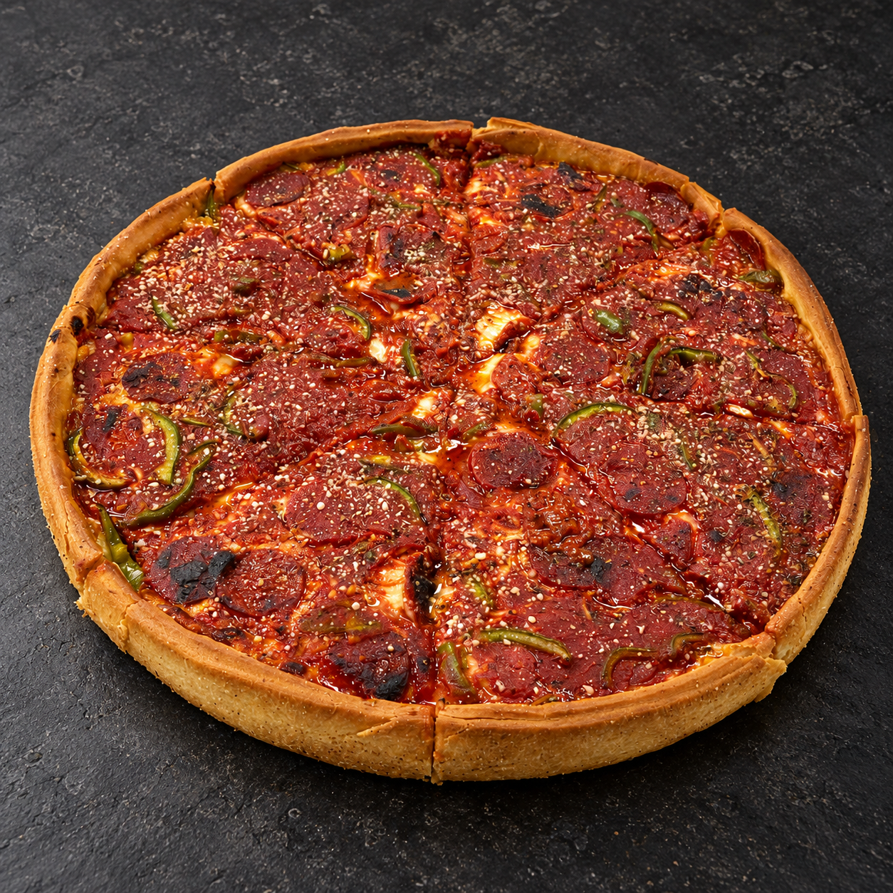 Generoso deep dish pizza topped with pepperoni and green peppers